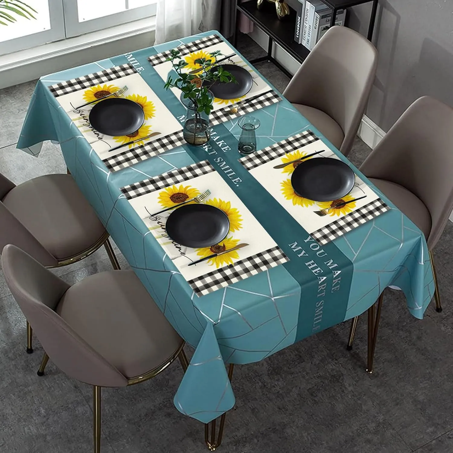 Niviy Sunflower Placemats Set of 6, 12x18 Inch Sunshine Vase Summer Spring Table Mats for Holiday Party Kitchen Dining Room Decoration