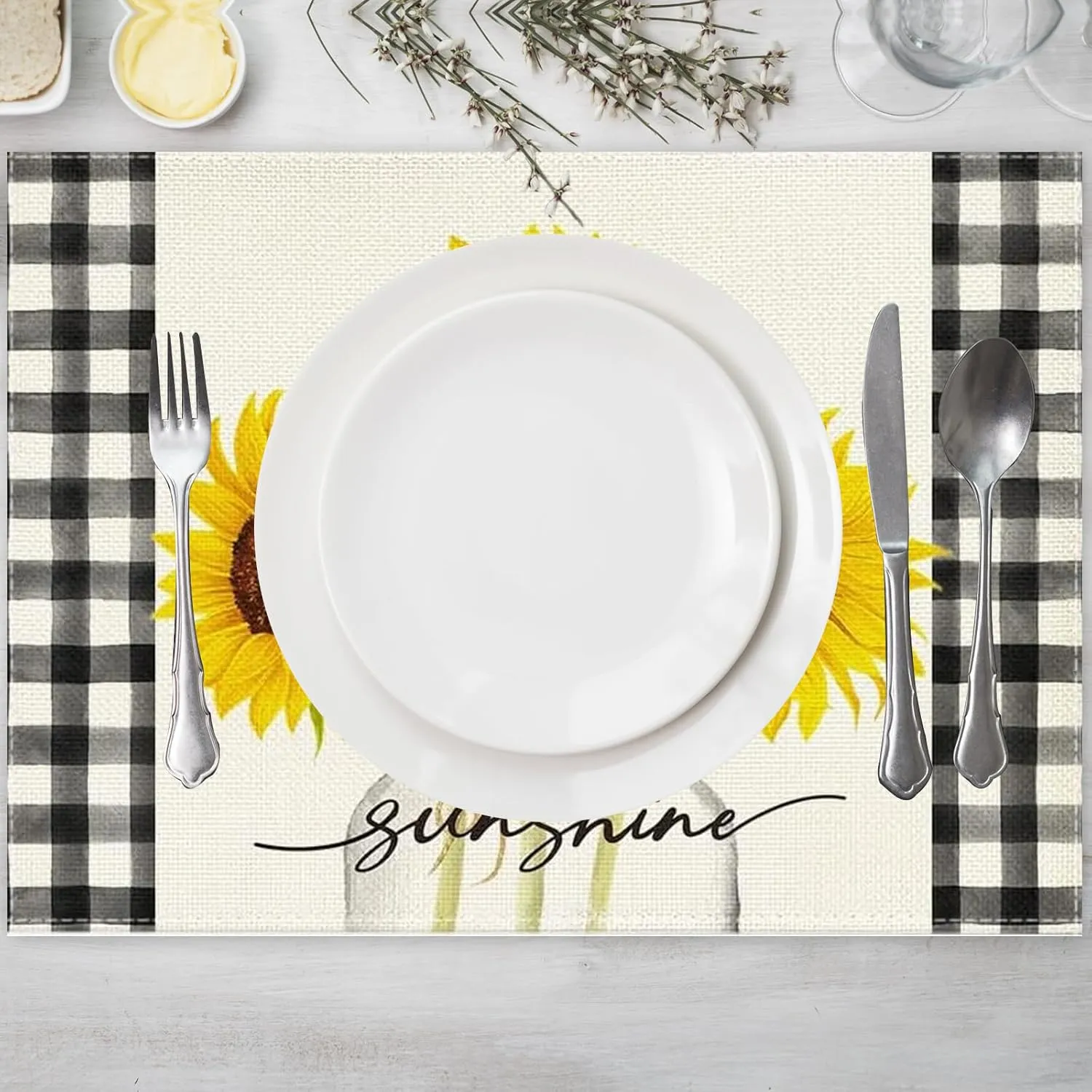 Niviy Sunflower Placemats Set of 6, 12x18 Inch Sunshine Vase Summer Spring Table Mats for Holiday Party Kitchen Dining Room Decoration