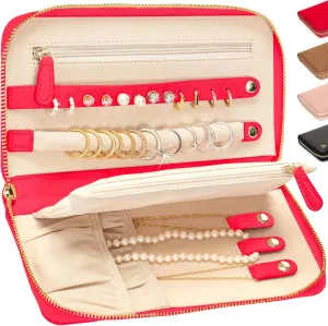 NORTH & SPRUCE Travel Jewelry Organizer Case - Portable Jewelry Travel Case Foldable Roll Bag Zipper Pouch for Tangle Free Necklace, Earrings, Rings, Bracelets Storage, Large Capacity, Red