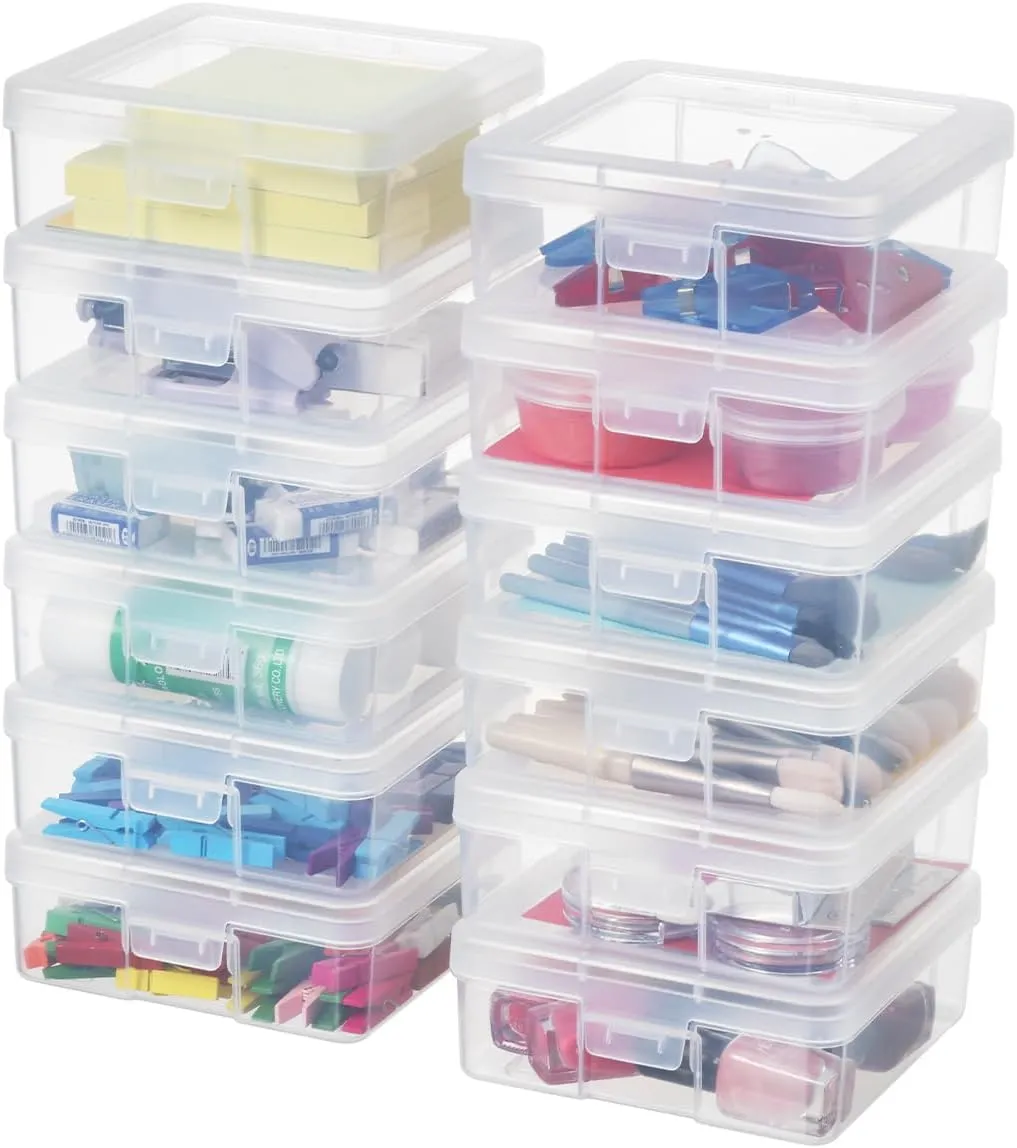 novelinks Stackable Plastic Clear Storage Box Containers with Latching Lid - Art Craft Supply Organizer Storage Containers for Pencil Box, Lego, Crayon, Beads, Jewelry (12 Pack Small -Clear)