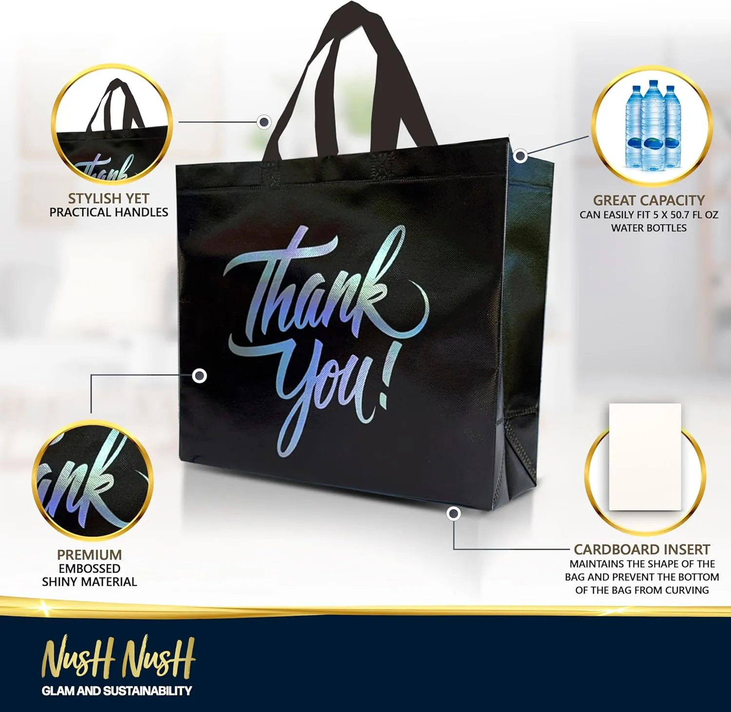 Nush Nush Black Thank You Gift Bags Bulk Set of 12 Reusable Bags With Holographic Silver Print - Perfect As Goodie, Birthday, Party Favor Bags 13Wx5Dx11H
