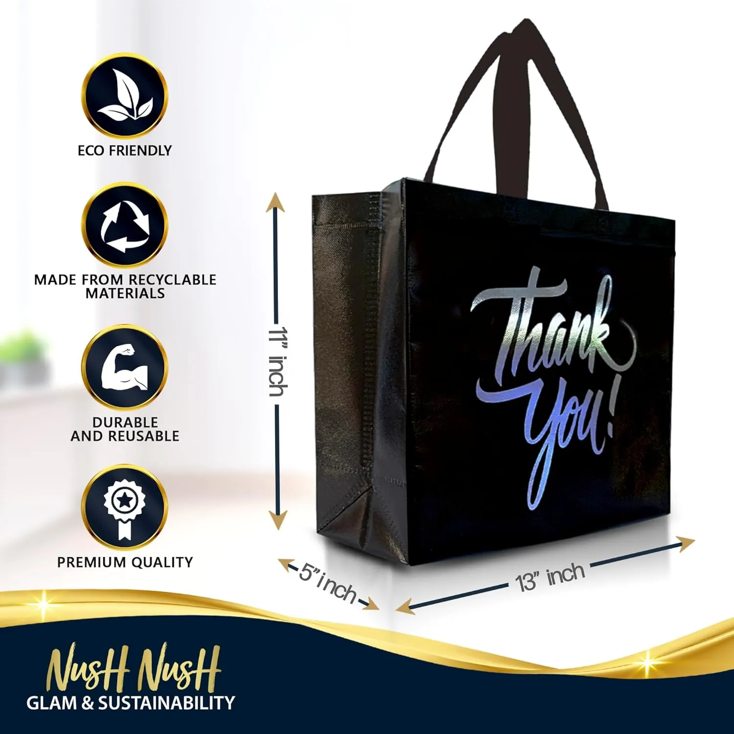Nush Nush Black Thank You Gift Bags Bulk Set of 12 Reusable Bags With Holographic Silver Print - Perfect As Goodie, Birthday, Party Favor Bags 13Wx5Dx11H