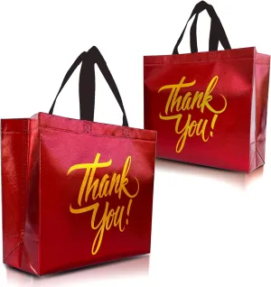 Nush Nush Red Thank You Gift Bags - Bulk Large Set of 12 Reusable Red Thank You Bags With Holographic Gold Print - Perfect As Goodie, Birthday, Party Favor Bags 13Wx5Dx11H Size