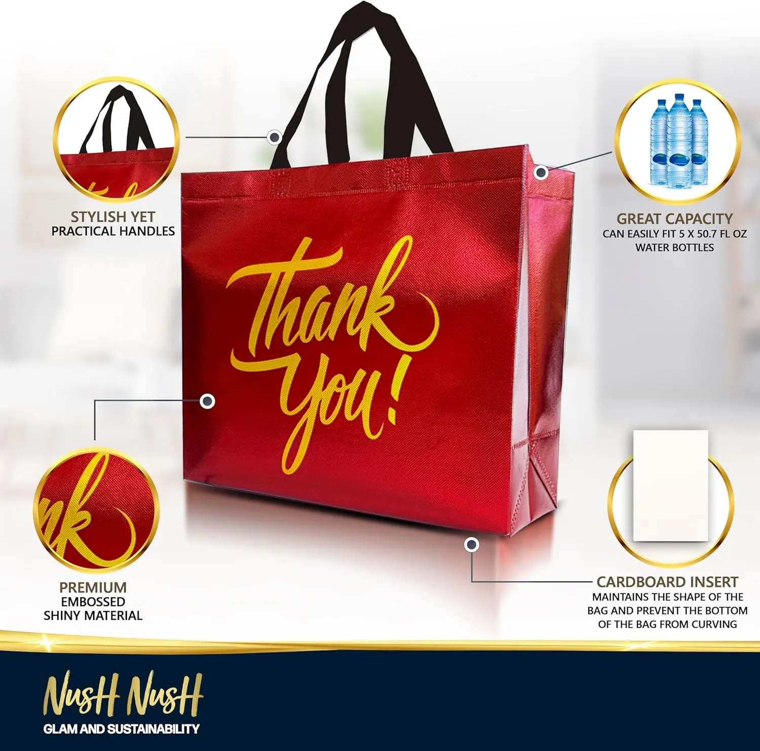 Nush Nush Red Thank You Gift Bags - Bulk Large Set of 12 Reusable Red Thank You Bags With Holographic Gold Print - Perfect As Goodie, Birthday, Party Favor Bags 13Wx5Dx11H Size