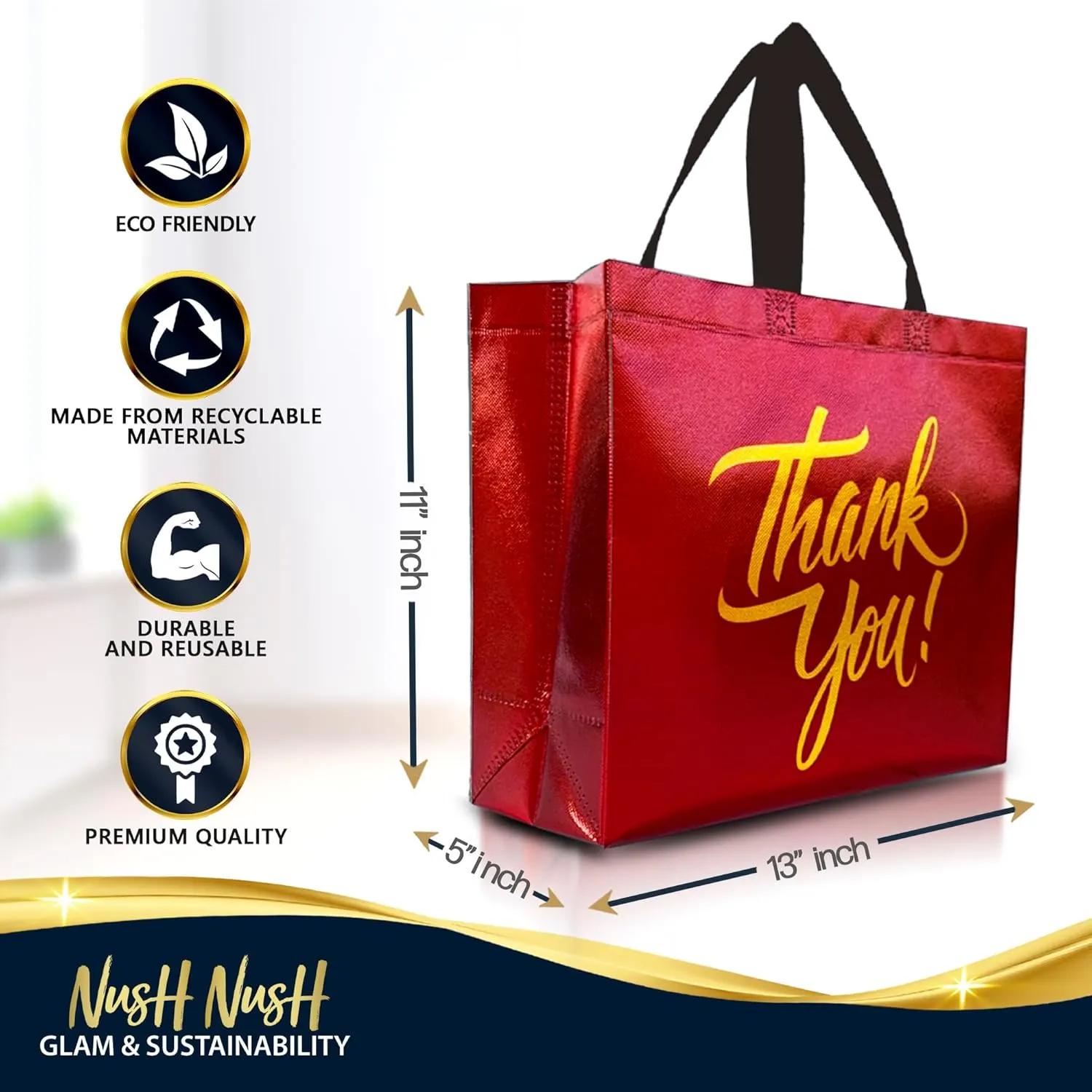 Nush Nush Red Thank You Gift Bags - Bulk Large Set of 12 Reusable Red Thank You Bags With Holographic Gold Print - Perfect As Goodie, Birthday, Party Favor Bags 13Wx5Dx11H Size