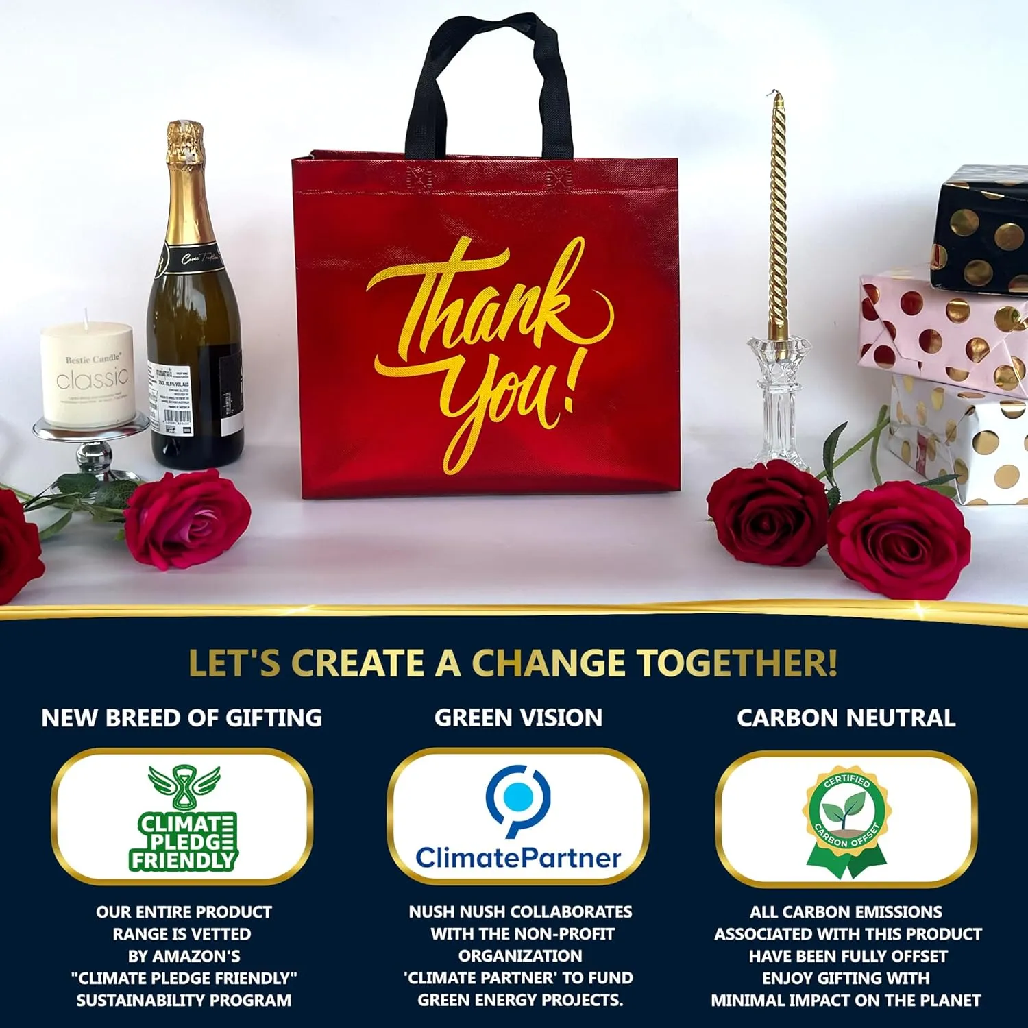 Nush Nush Red Thank You Gift Bags - Bulk Large Set of 12 Reusable Red Thank You Bags With Holographic Gold Print - Perfect As Goodie, Birthday, Party Favor Bags 13Wx5Dx11H Size