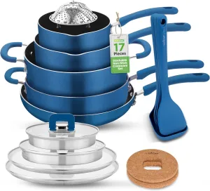 NutriChef 17pcs Blue Stackable Pots and Pans Set, Nonstick Induction Cookware, Space Saving Cookware, Easy Clean, Ideal For RV and Camper, Includes a Foldable Steamer Basket and Cooking Utensils