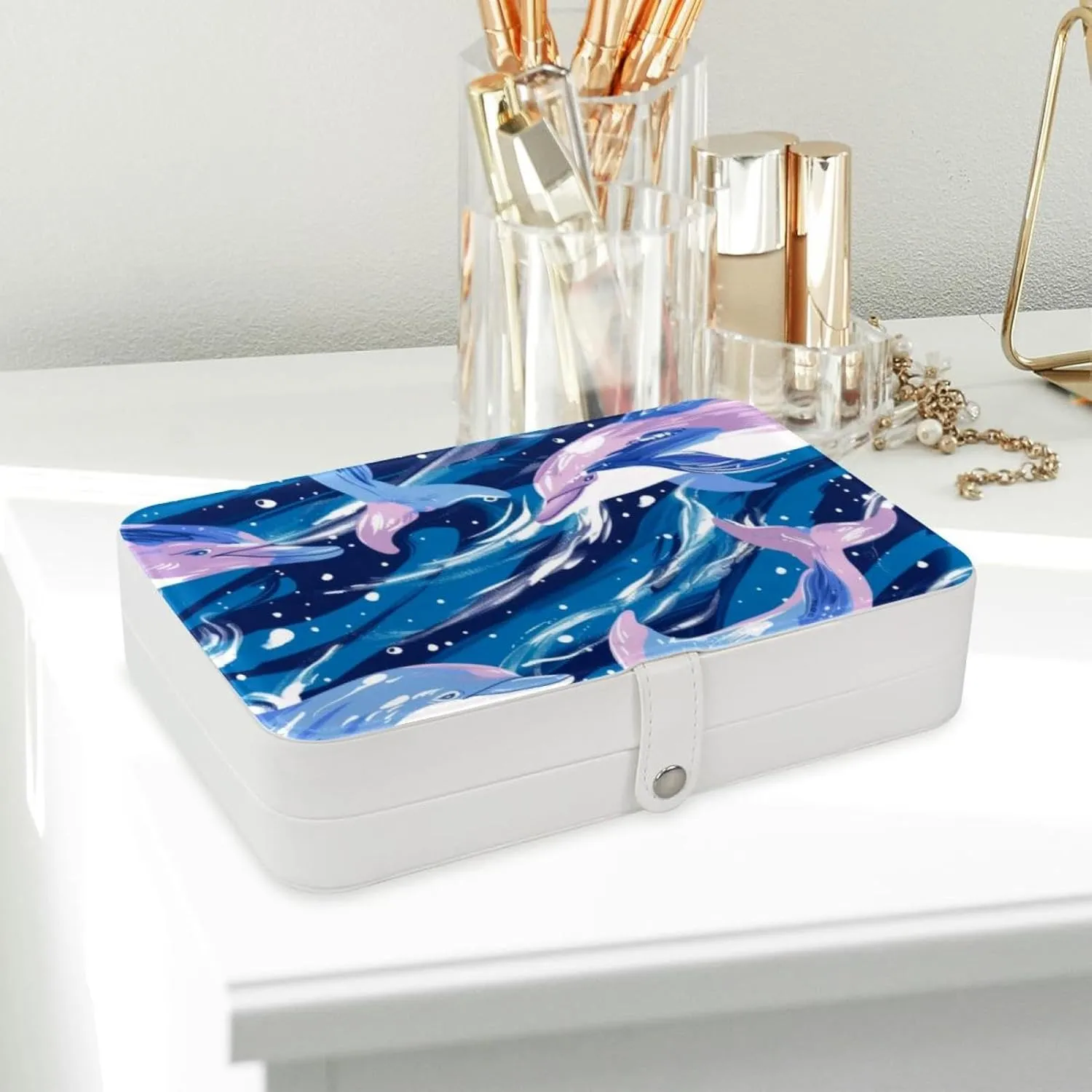 Ocean Dolphins Aesthetic Pattern Travel Jewelry Box, Portable Travel Display Case Storage Holder Boxes for Stud Earrings, Rings, Necklaces, Bracelets