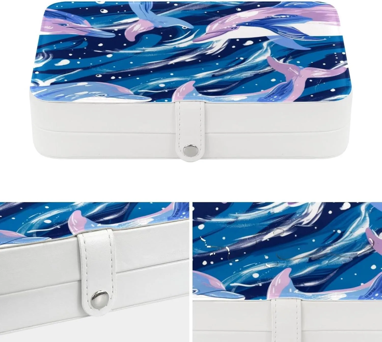 Ocean Dolphins Aesthetic Pattern Travel Jewelry Box, Portable Travel Display Case Storage Holder Boxes for Stud Earrings, Rings, Necklaces, Bracelets