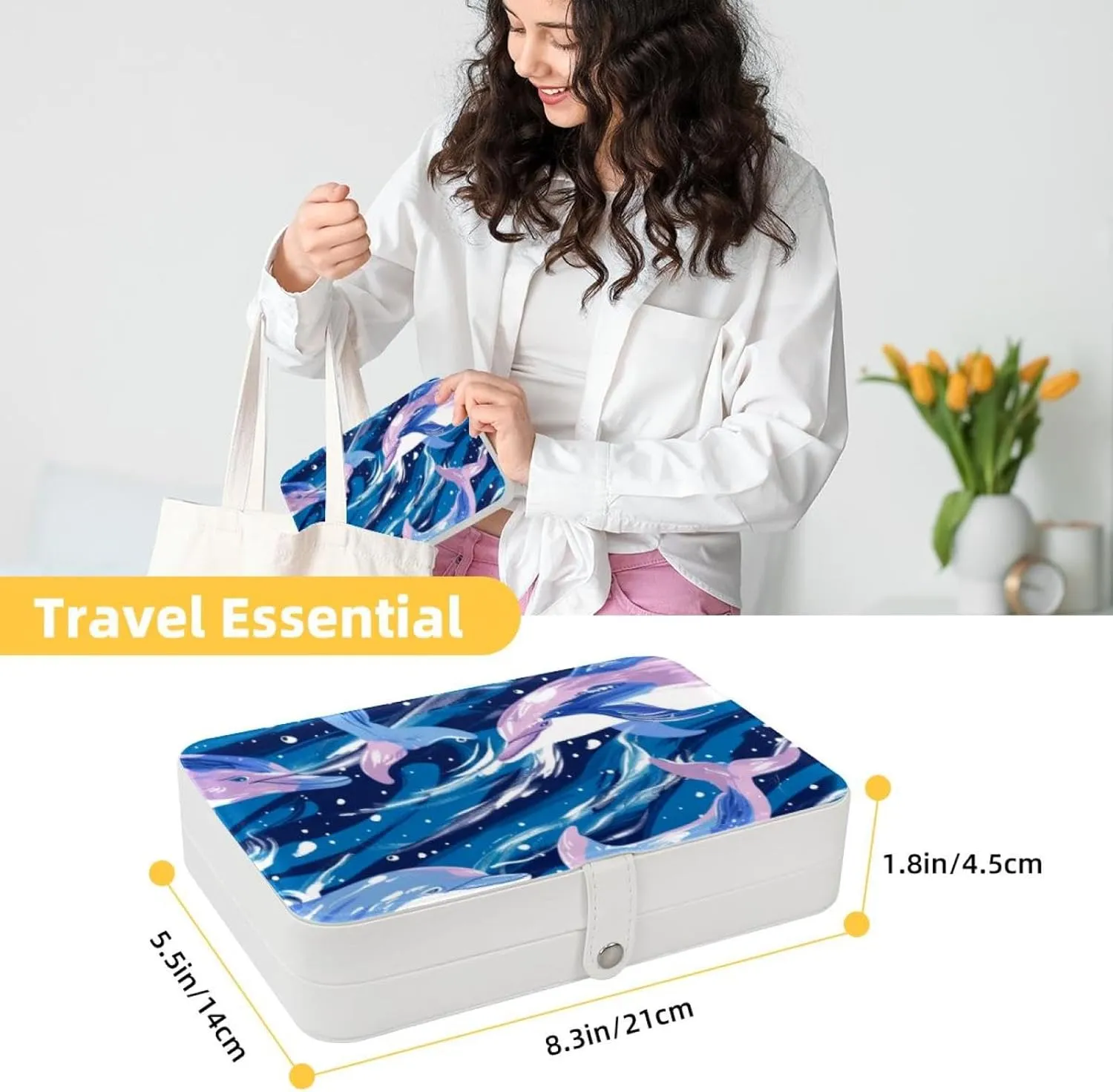 Ocean Dolphins Aesthetic Pattern Travel Jewelry Box, Portable Travel Display Case Storage Holder Boxes for Stud Earrings, Rings, Necklaces, Bracelets