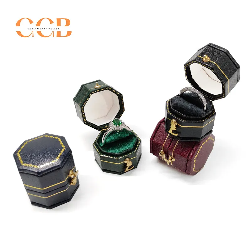 Octagon Vintage Velvet PU Leather Ring Box for Proposal or Wedding