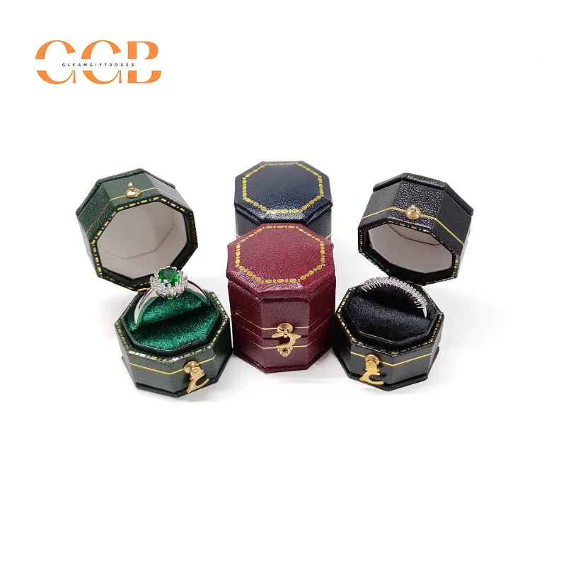 Octagon Vintage Velvet PU Leather Ring Box for Proposal or Wedding
