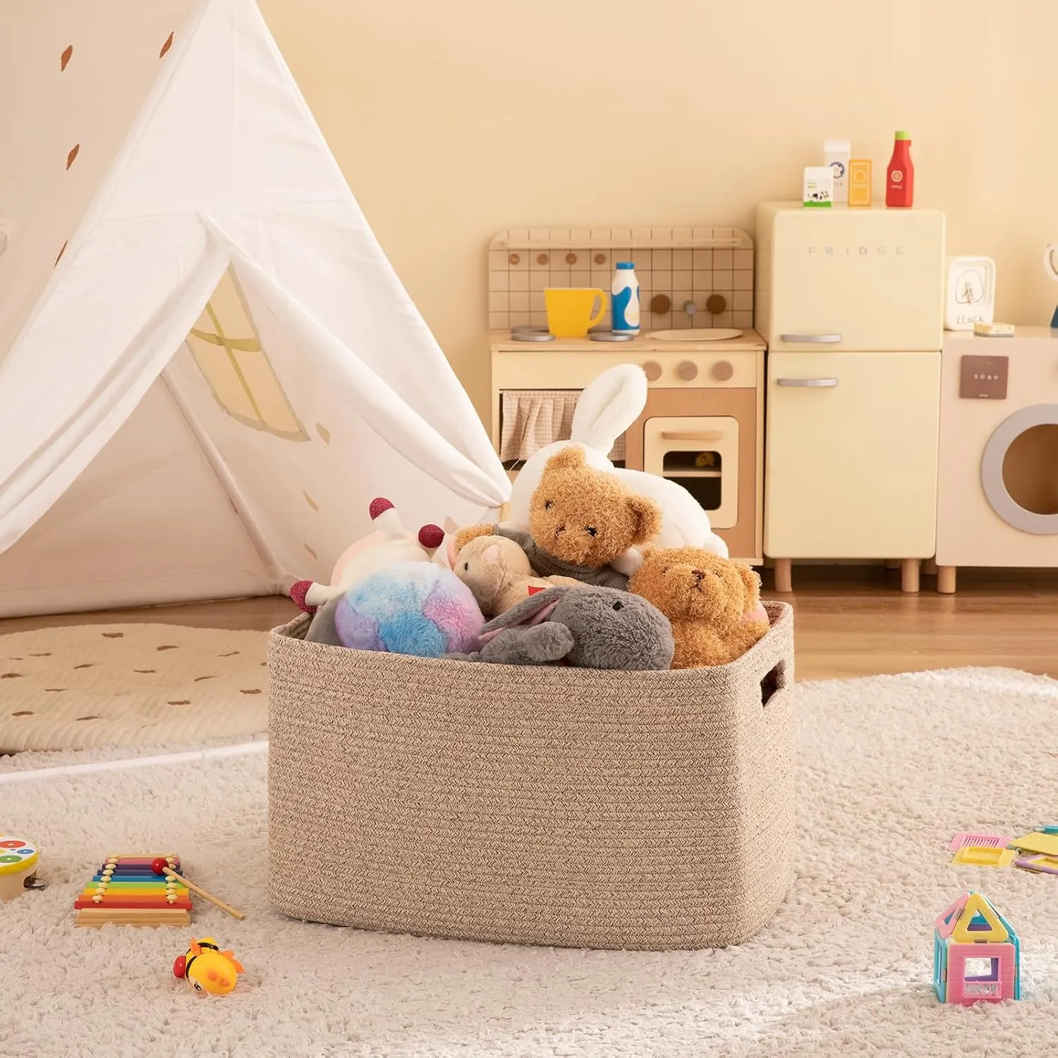 OIAHOMY 75L Large Blanket Basket, Woven Blanket Storage Basket with Handle, Cotton Rope Basket for Organizing 22”x17”x12”, Blanket Basket living Room, Toy Basket for Nursery, Brown variegated