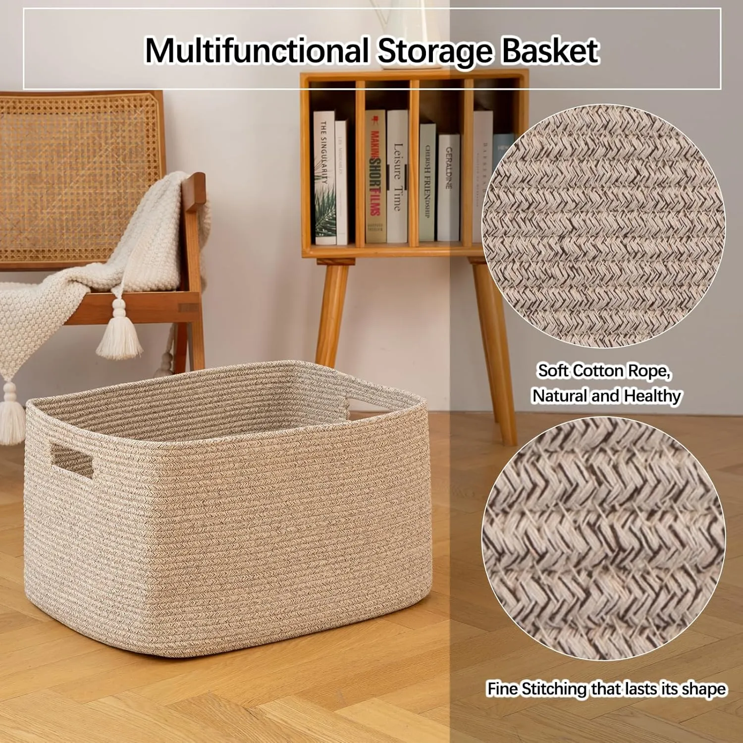 OIAHOMY 75L Large Blanket Basket, Woven Blanket Storage Basket with Handle, Cotton Rope Basket for Organizing 22”x17”x12”, Blanket Basket living Room, Toy Basket for Nursery, Brown variegated
