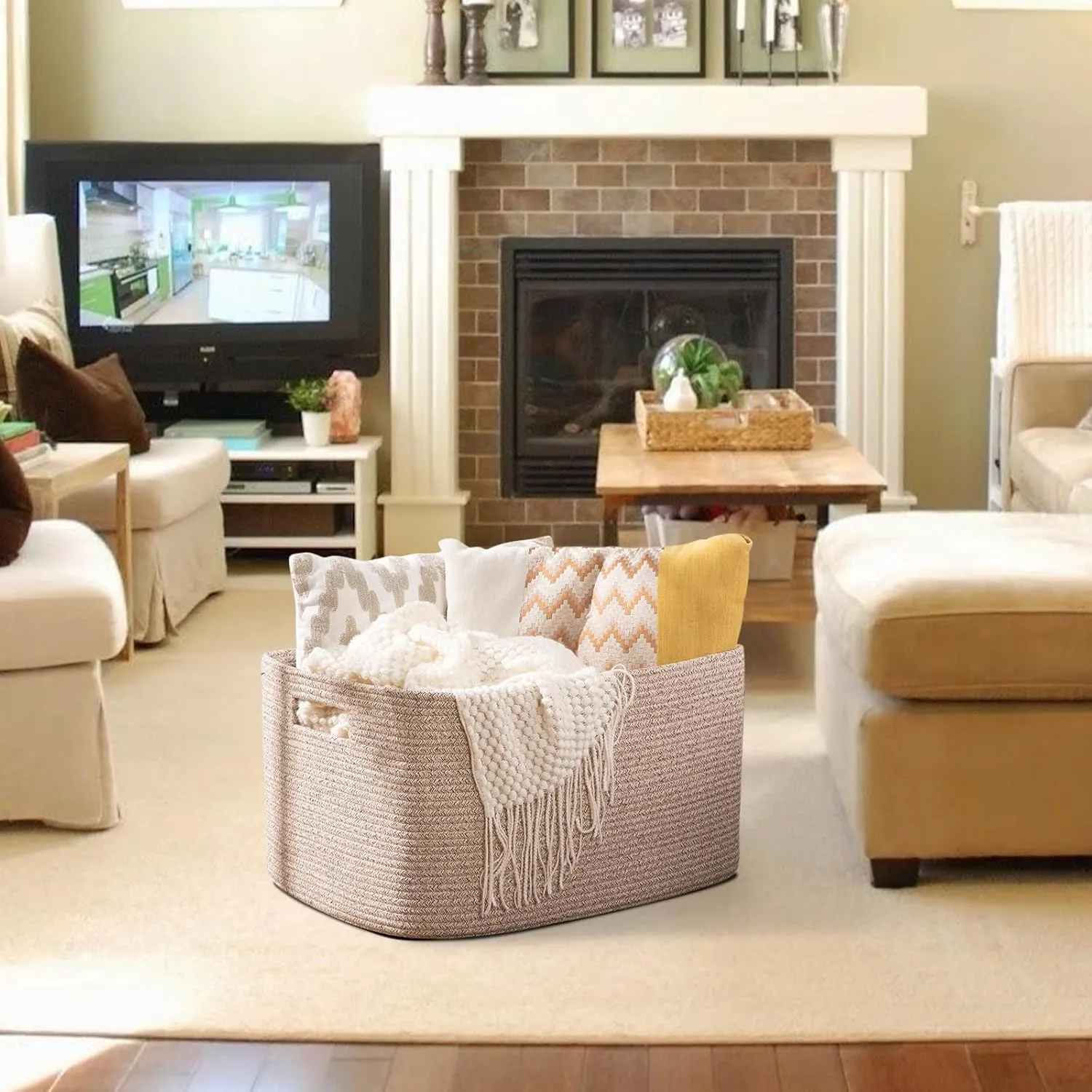 OIAHOMY 75L Large Blanket Basket, Woven Blanket Storage Basket with Handle, Cotton Rope Basket for Organizing 22”x17”x12”, Blanket Basket living Room, Toy Basket for Nursery, Brown variegated