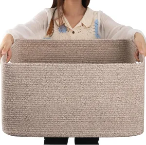 OIAHOMY 75L Large Blanket Basket, Woven Blanket Storage Basket with Handle, Cotton Rope Basket for Organizing 22”x17”x12”, Blanket Basket living Room, Toy Basket for Nursery, Brown variegated