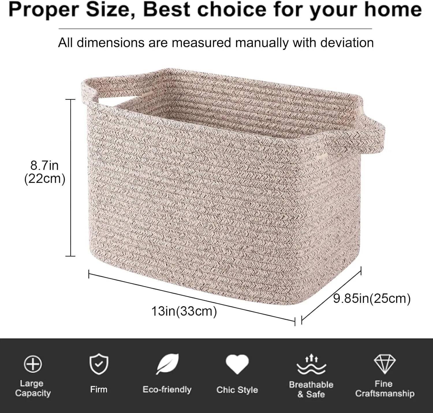 OIAHOMY Cotton Rope Woven Storage Baskets for Shelves, Rectangle Storage Bins with Handles, Towel Basket - 13"×9.85"×8.7", Brown