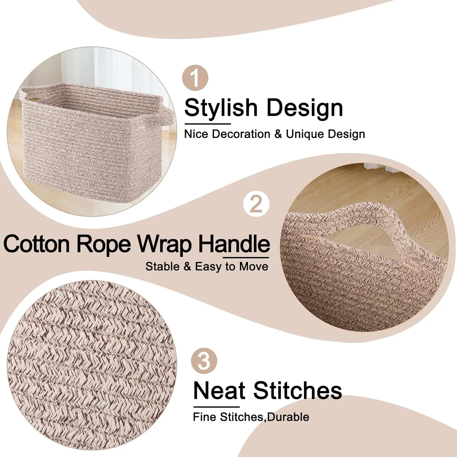 OIAHOMY Cotton Rope Woven Storage Baskets for Shelves, Rectangle Storage Bins with Handles, Towel Basket - 13"×9.85"×8.7", Brown