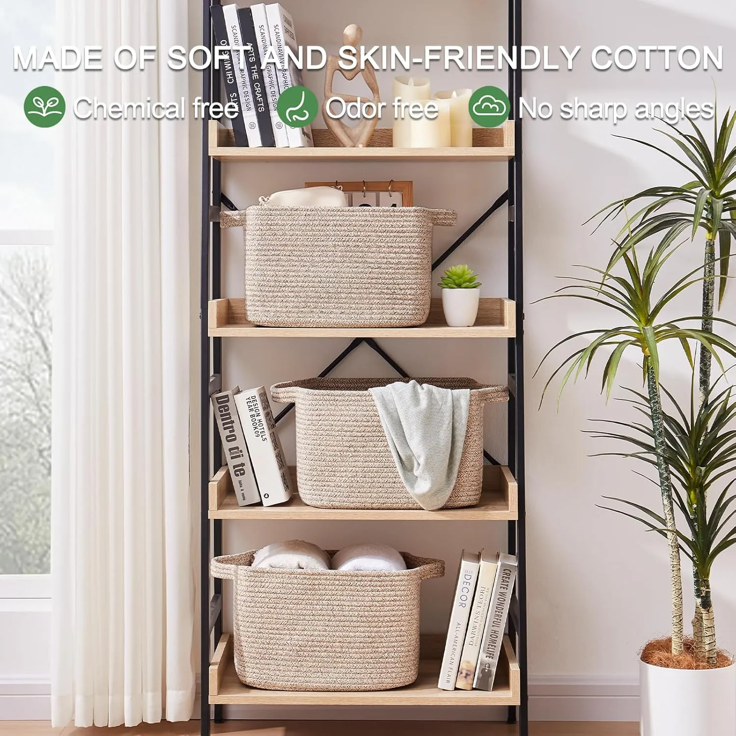 OIAHOMY Cotton Rope Woven Storage Baskets for Shelves, Rectangle Storage Bins with Handles, Towel Basket - 13"×9.85"×8.7", Brown