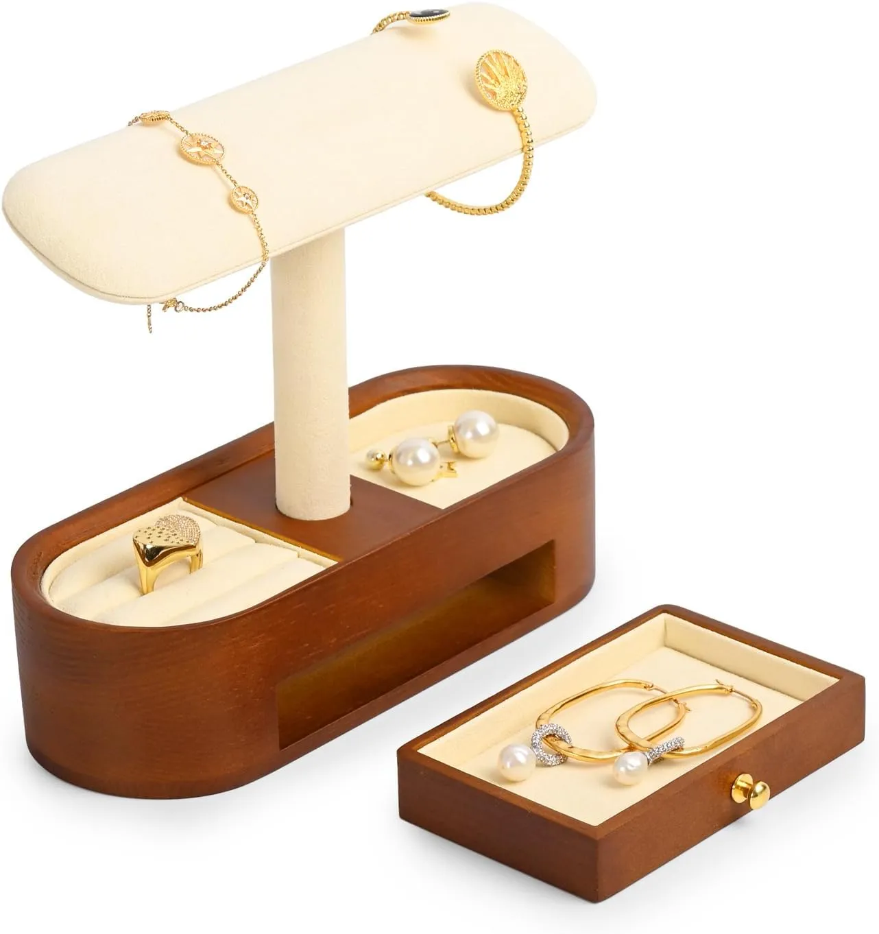 Oirlv Solid Wood Watch Stand with Drawer T-bar Watch Holder Organizer for Men and Women Showcase Bracelet Bangle Jewelry Display Stand Rings Earrings Necklace Storage(Drawer,Creamy-whit)
