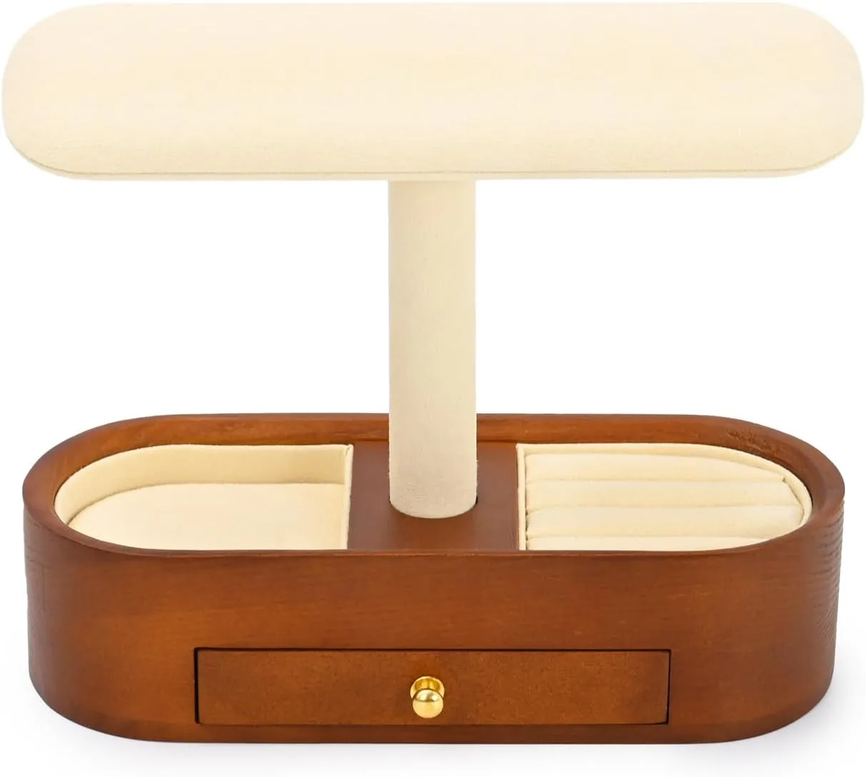 Oirlv Solid Wood Watch Stand with Drawer T-bar Watch Holder Organizer for Men and Women Showcase Bracelet Bangle Jewelry Display Stand Rings Earrings Necklace Storage(Drawer,Creamy-whit)