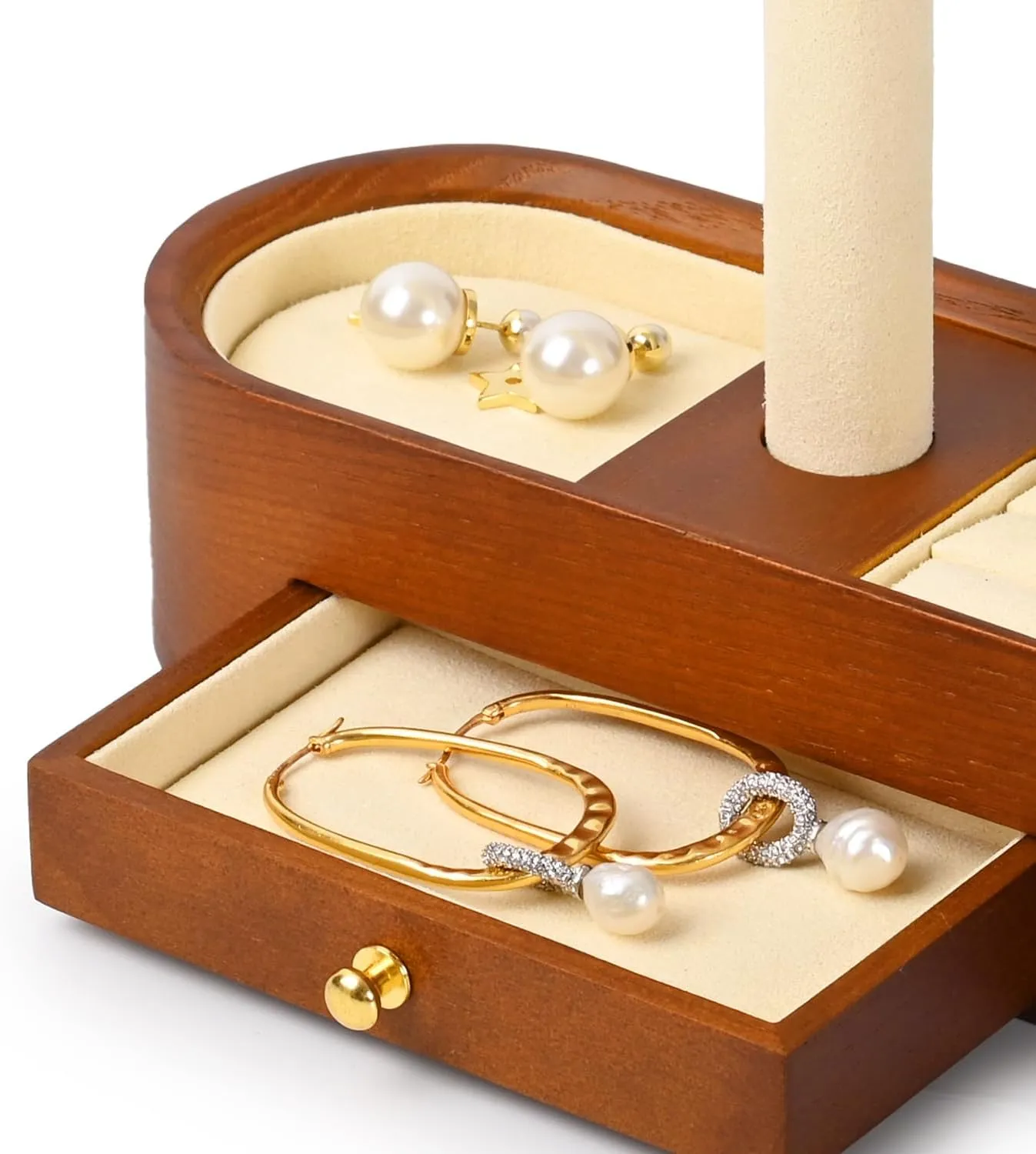 Oirlv Solid Wood Watch Stand with Drawer T-bar Watch Holder Organizer for Men and Women Showcase Bracelet Bangle Jewelry Display Stand Rings Earrings Necklace Storage(Drawer,Creamy-whit)