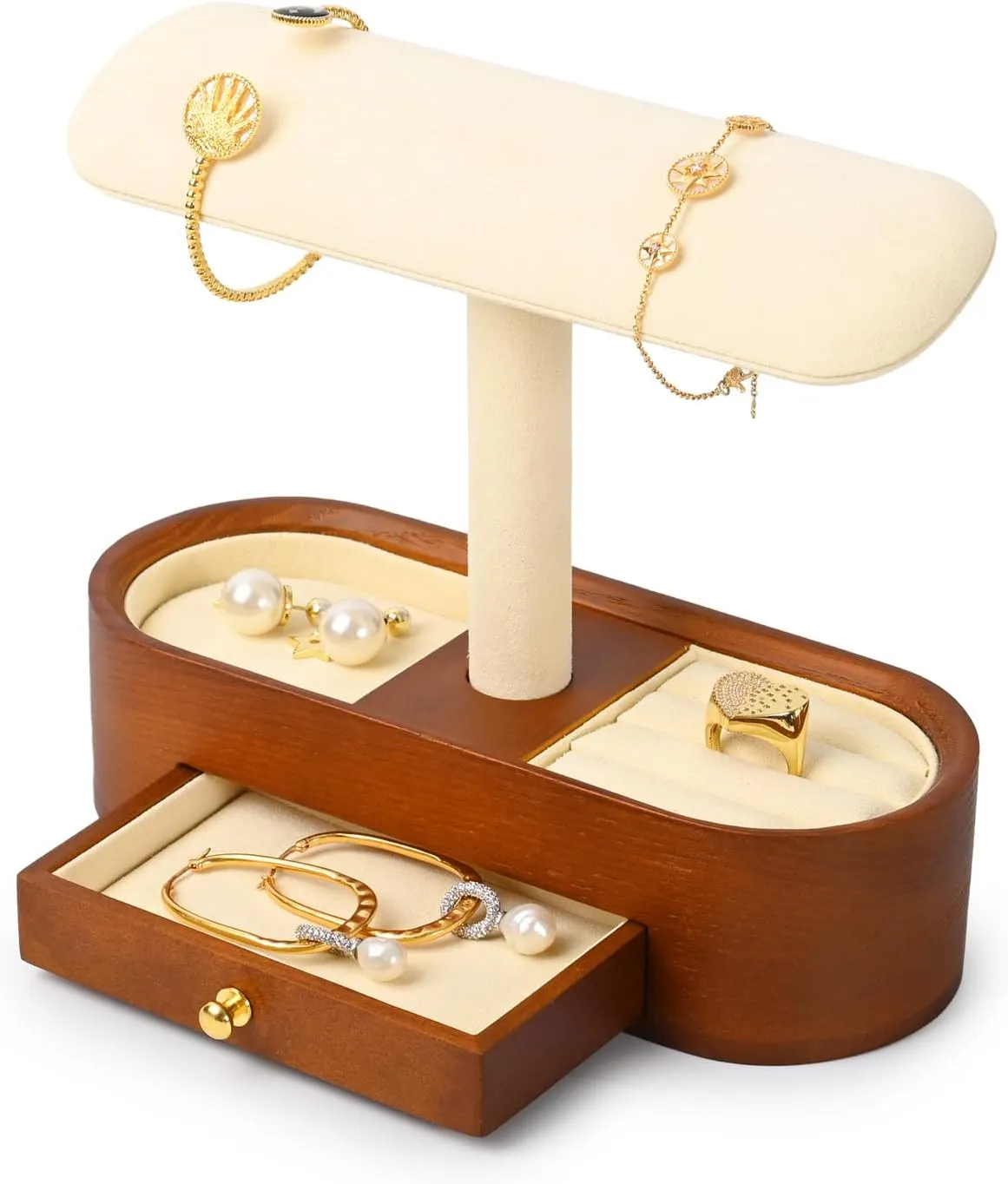 Oirlv Solid Wood Watch Stand with Drawer T-bar Watch Holder Organizer for Men and Women Showcase Bracelet Bangle Jewelry Display Stand Rings Earrings Necklace Storage(Drawer,Creamy-whit)