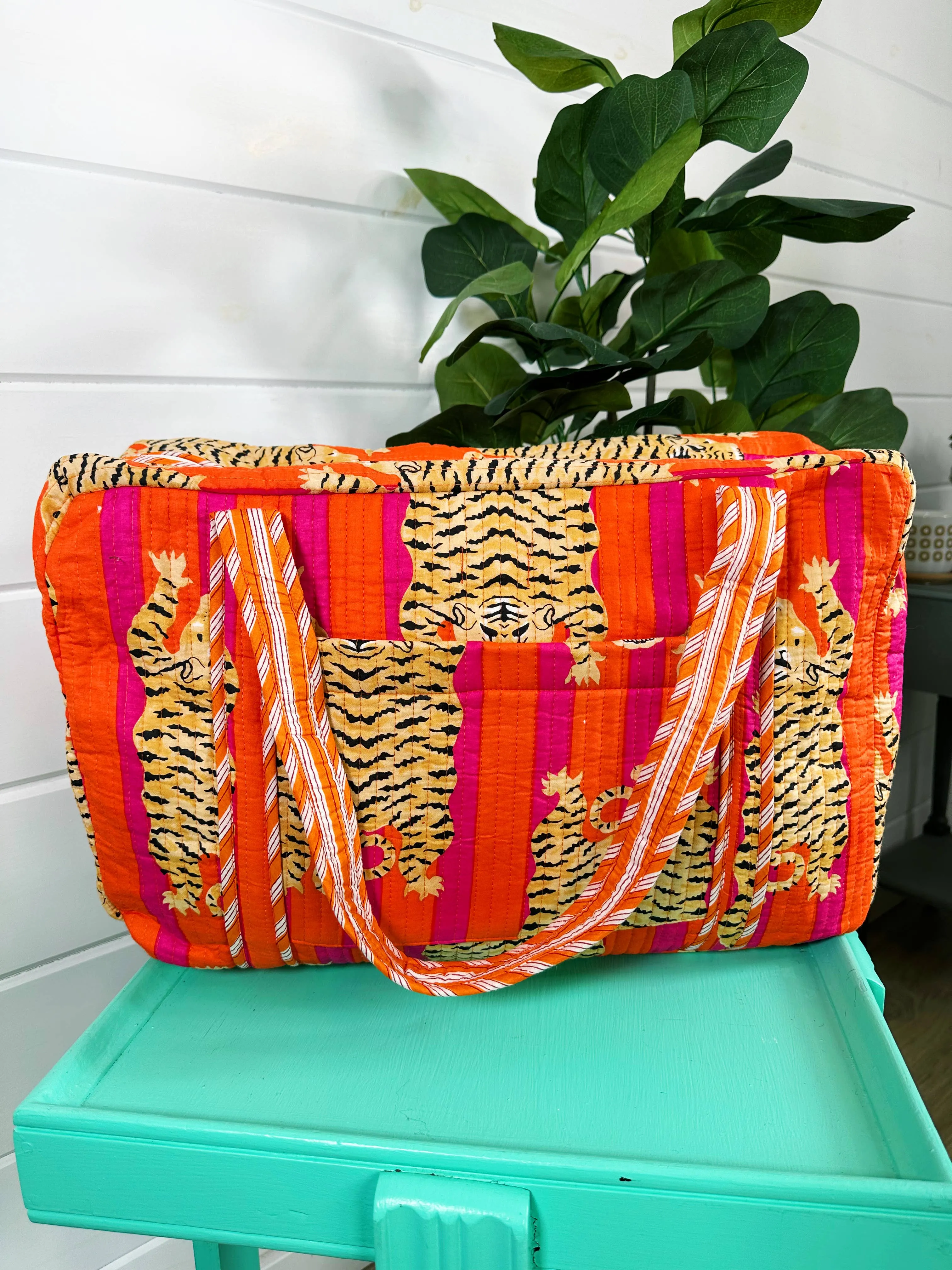 Orange Quilted Tiger Duffle Bag