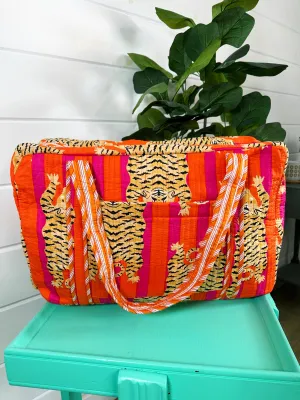 Orange Quilted Tiger Duffle Bag