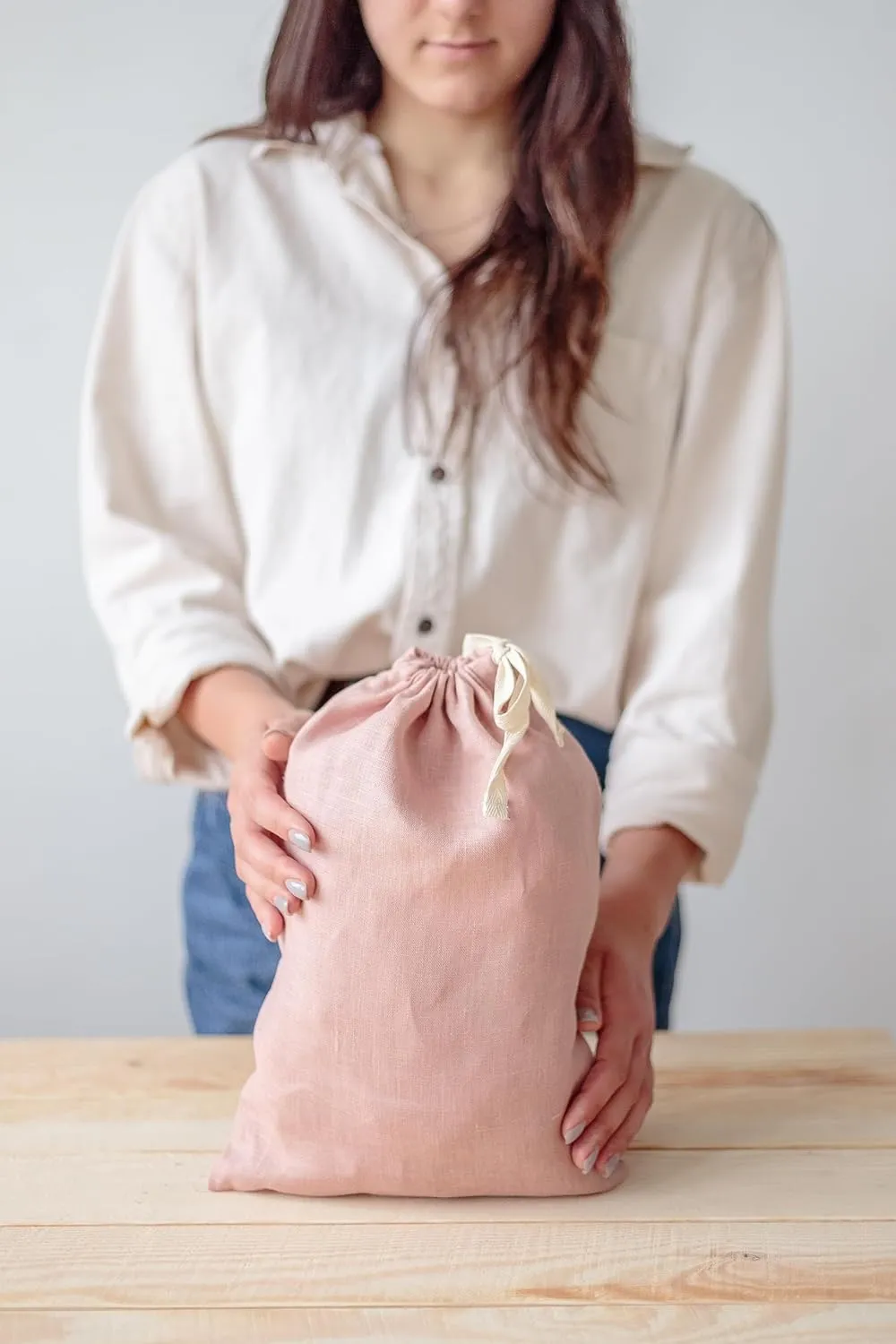 Organic Linen Drawstring Bread Bag 12x13. European Washed Linen kitchen storage bag, Reusable Bread Baking Gift, Zero-waste Farmhouse Bag. (Dusty Pink, Linen)