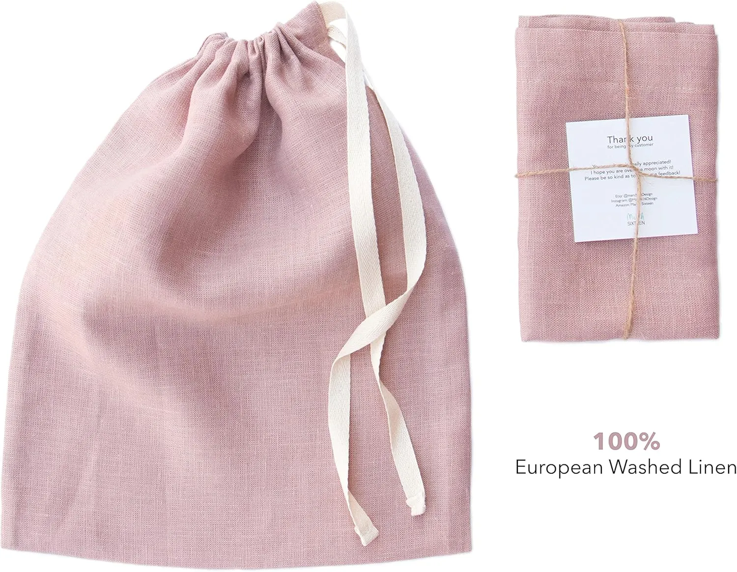 Organic Linen Drawstring Bread Bag 12x13. European Washed Linen kitchen storage bag, Reusable Bread Baking Gift, Zero-waste Farmhouse Bag. (Dusty Pink, Linen)