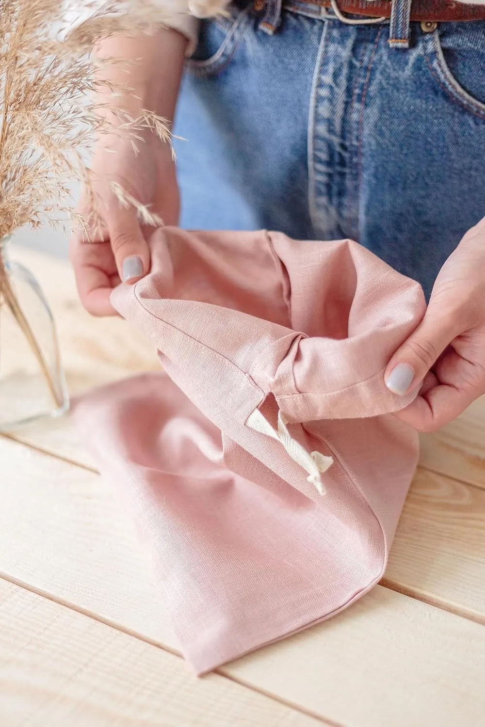 Organic Linen Drawstring Bread Bag 12x13. European Washed Linen kitchen storage bag, Reusable Bread Baking Gift, Zero-waste Farmhouse Bag. (Dusty Pink, Linen)