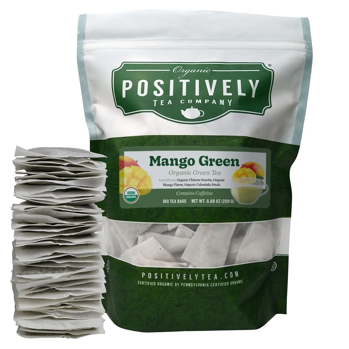 Organic Positively Tea Company, Mango Green Tea Bags, 100 Count, Eco-Friendly Tea Bags, Non-GMO