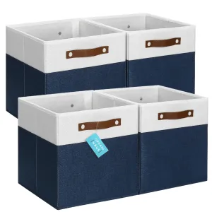 OrganiHaus 12x12 Cube Storage Bin set of 4 Fabric Storage Bins Cube Storage Organizer Bins Cubby Bins w/ Vegan Handles Kallax Organizer Storage Basket Square Storage Cubes Navy Blue/White