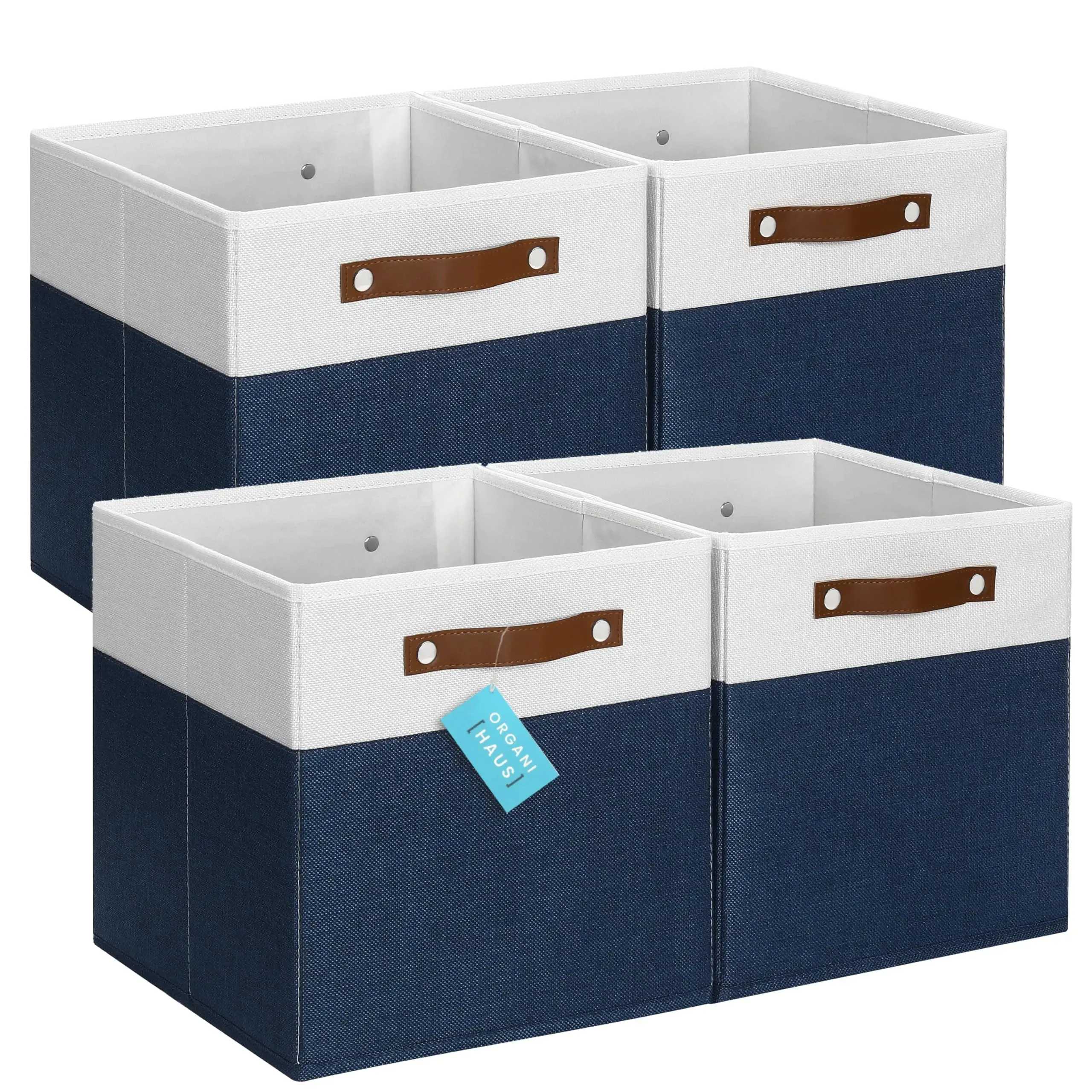 OrganiHaus 12x12 Cube Storage Bin set of 4 Fabric Storage Bins Cube Storage Organizer Bins Cubby Bins w/ Vegan Handles Kallax Organizer Storage Basket Square Storage Cubes Navy Blue/White