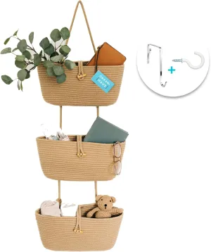 OrganiHaus Over the Door Hanging Basket for Organizing, 3-Tier Hanging Wall Basket for Storage, Boho Nursery Decor for Wall, Behind Door Wall Storage, Wall Organizer for Office, Wall Toy Storage Honey
