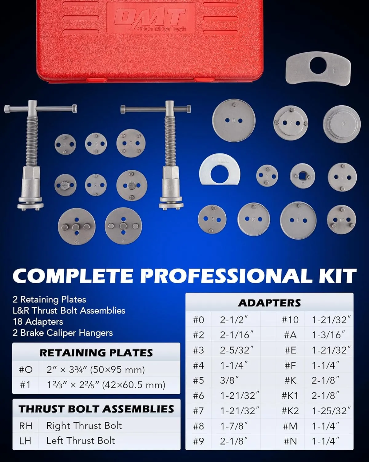 Orion Motor Tech 24pcs Brake Caliper Tool, Heavy Duty Brake Caliper Compression Tool Caliper Piston Tool for Brake Pad Replacement Reset, with Thrust Bolt Assemblies Retaining Plates 18 Disc Adapters