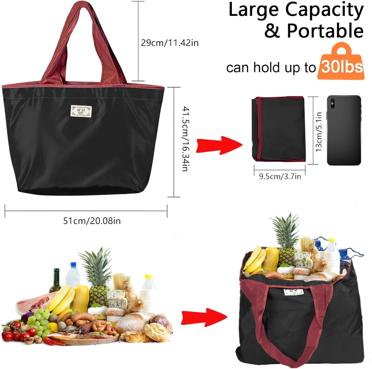 OSAGIE Reusable Grocery Bag Foldable Shopping Bag with Pocket Extra Wide Handle Portable Durable Washable Tote Bags for Women