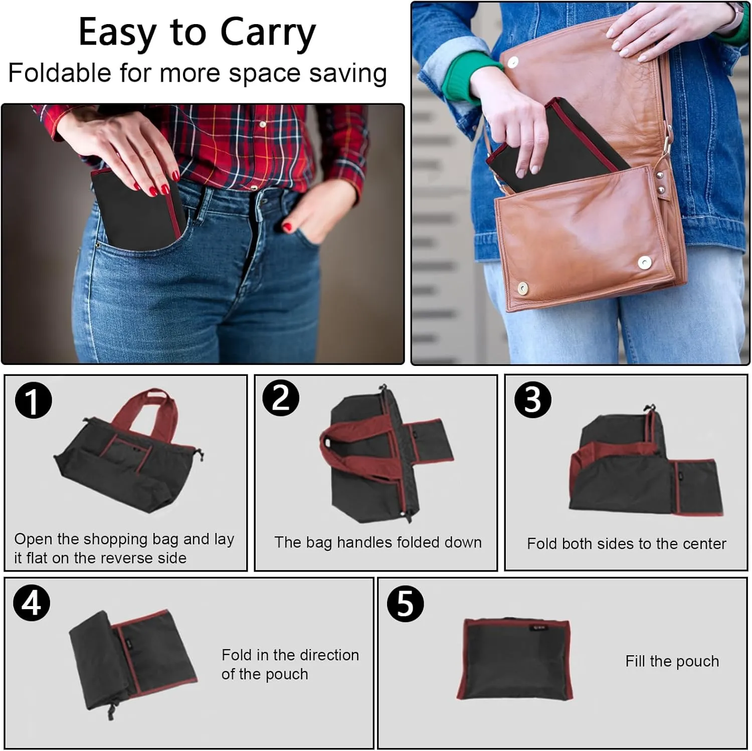 OSAGIE Reusable Grocery Bag Foldable Shopping Bag with Pocket Extra Wide Handle Portable Durable Washable Tote Bags for Women
