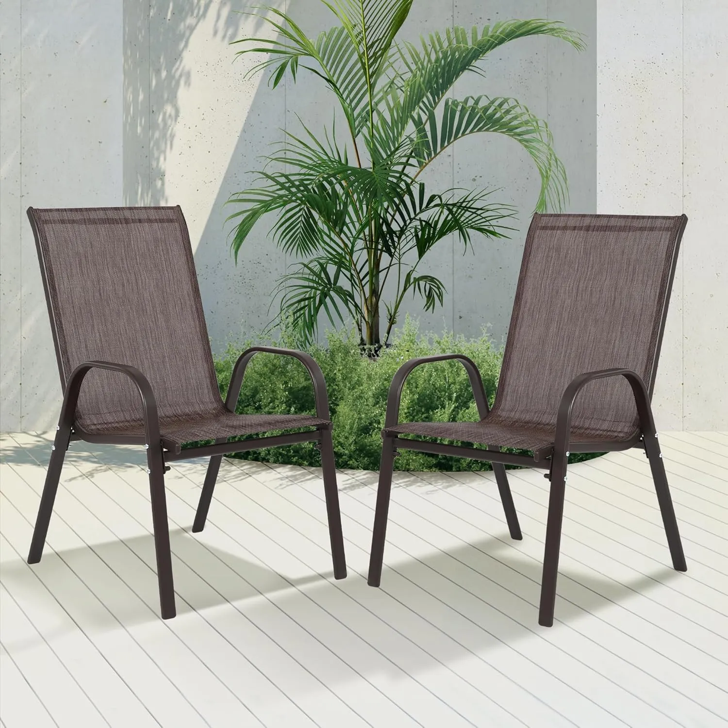 Outdoor Stackable Chairs Set of 2, Stacking Patio Chairs with Textilene Fabric, Outside Furniture for Garden Backyard Balconie Poolside Deck,Brown