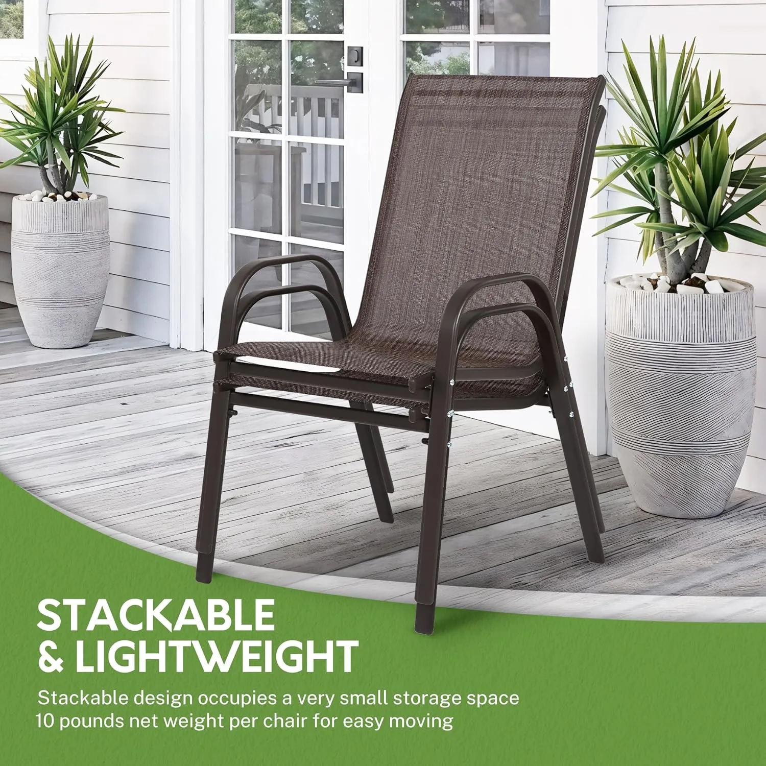 Outdoor Stackable Chairs Set of 2, Stacking Patio Chairs with Textilene Fabric, Outside Furniture for Garden Backyard Balconie Poolside Deck,Brown