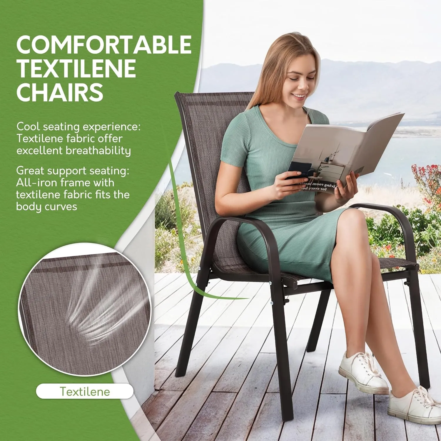 Outdoor Stackable Chairs Set of 2, Stacking Patio Chairs with Textilene Fabric, Outside Furniture for Garden Backyard Balconie Poolside Deck,Brown