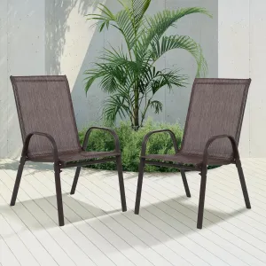 Outdoor Stackable Chairs Set of 2, Stacking Patio Chairs with Textilene Fabric, Outside Furniture for Garden Backyard Balconie Poolside Deck,Brown