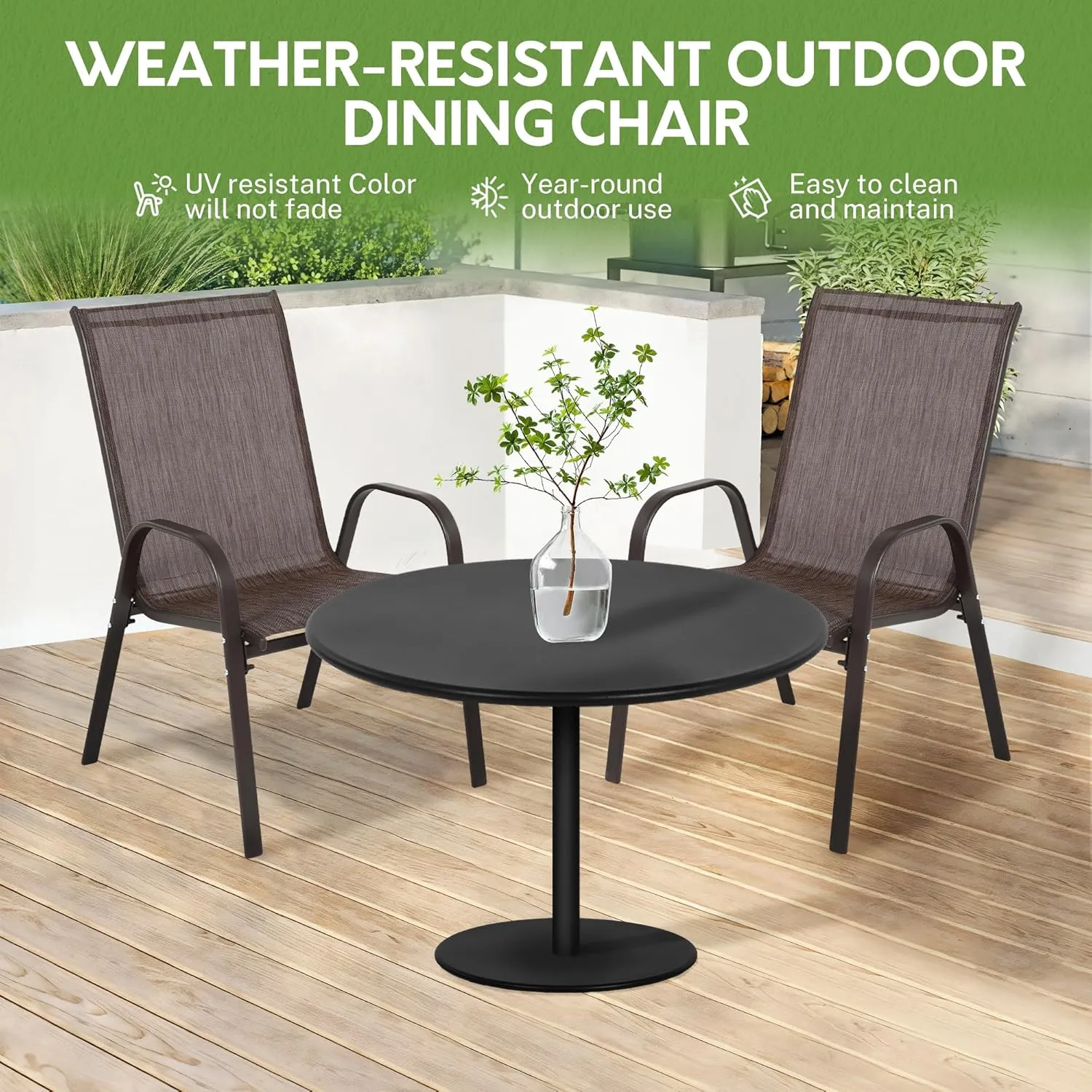 Outdoor Stackable Chairs Set of 2, Stacking Patio Chairs with Textilene Fabric, Outside Furniture for Garden Backyard Balconie Poolside Deck,Brown