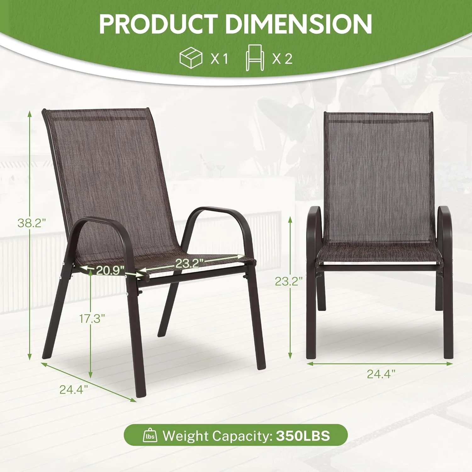 Outdoor Stackable Chairs Set of 2, Stacking Patio Chairs with Textilene Fabric, Outside Furniture for Garden Backyard Balconie Poolside Deck,Brown