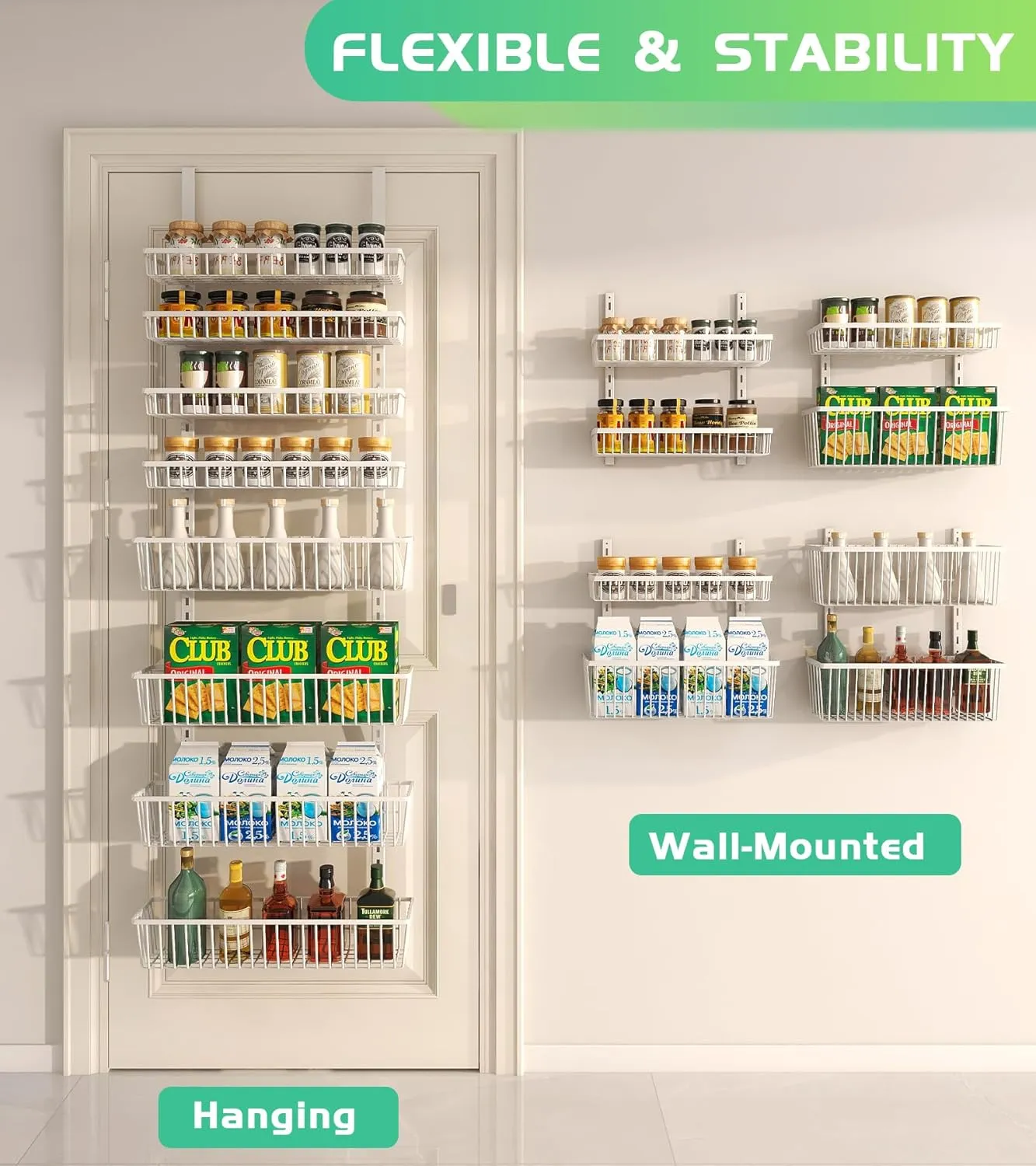 Over The Door Pantry Organizer, Pantry Organization and Storage, 8-Tier Deep Baskets Hanging Heavy-Duty Metal, Wall Spice Rack Seasoning Shelves for Home & Kitchen, Laundry Room Bathroom, White