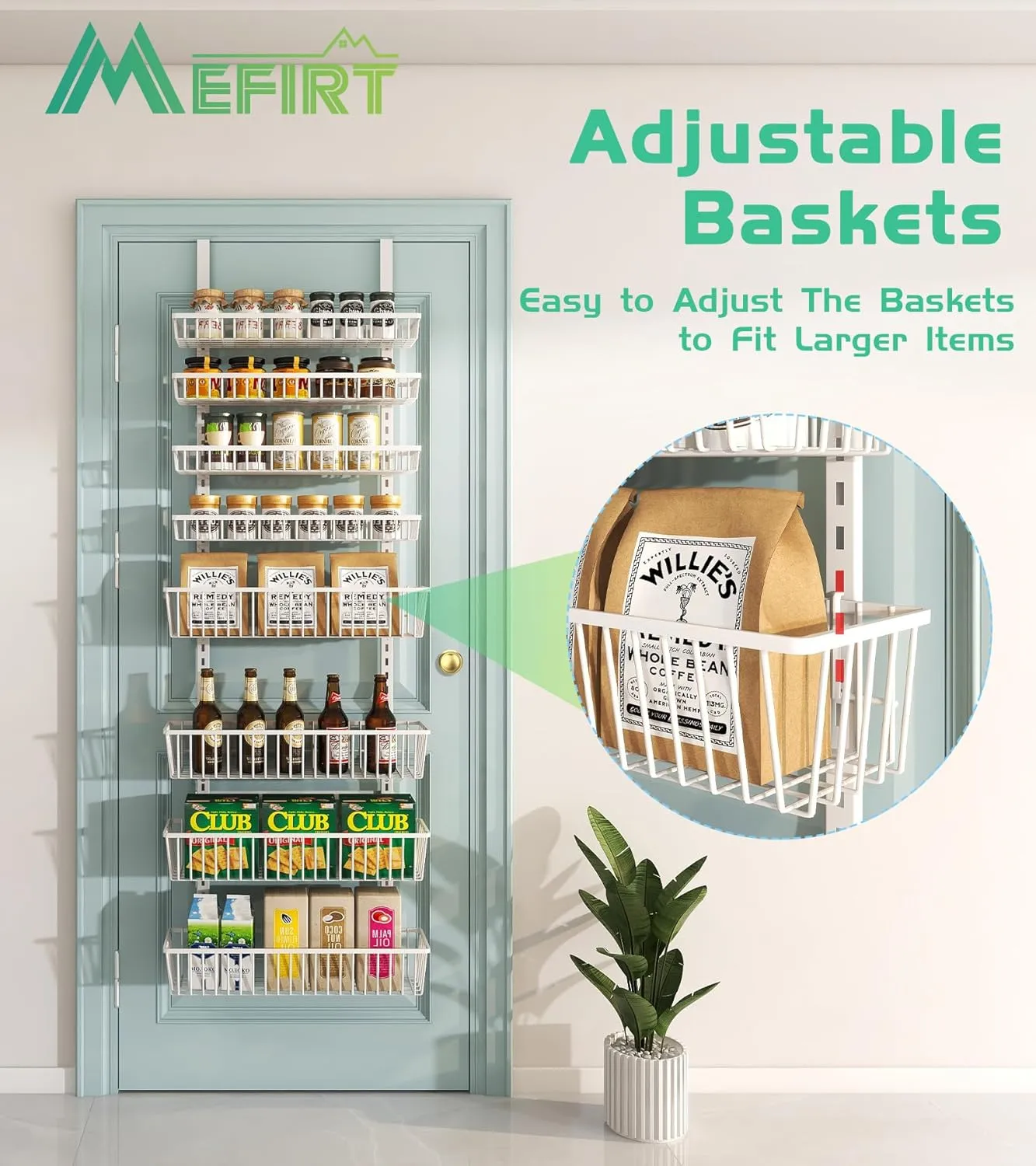 Over The Door Pantry Organizer, Pantry Organization and Storage, 8-Tier Deep Baskets Hanging Heavy-Duty Metal, Wall Spice Rack Seasoning Shelves for Home & Kitchen, Laundry Room Bathroom, White