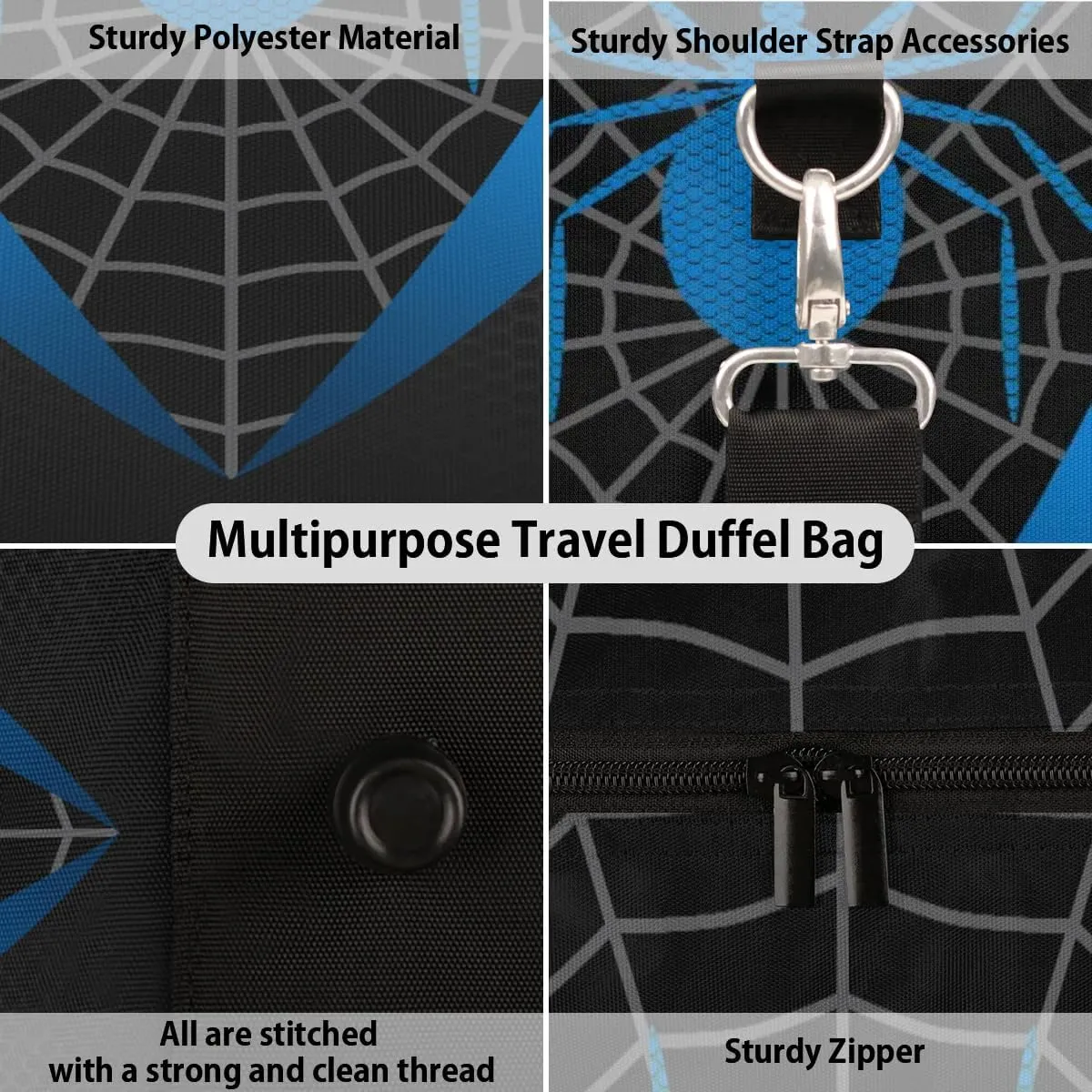 Overnighter Duffel Bags for Boys Men, Blue Spider Web Waterproof Carry-On Size Sports Gym Bag for Teens Overnight Travel Weekender Sleepover Tote Bag