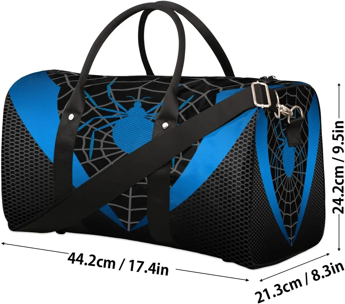 Overnighter Duffel Bags for Boys Men, Blue Spider Web Waterproof Carry-On Size Sports Gym Bag for Teens Overnight Travel Weekender Sleepover Tote Bag