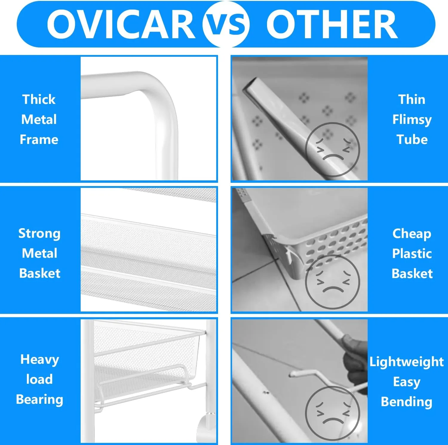 OVICAR 4 Tier Mesh Wire Rolling Cart, Kitchen Storage Organizer Utility Cart, Full Metal Basket Storage Art Trolley Carts with Wheels & 4 Side Hooks